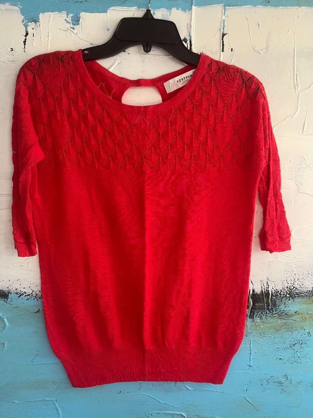 Sparrow Anthropologie Red Diamond Pointelle, Keyhole-back Sweater Small